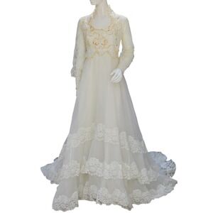 Vintage 70s Lace Wedding Dress Pearl Beaded Bodice Long Sleeve Train
